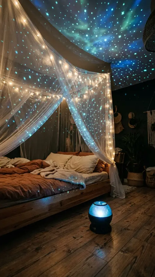 15 Romanticizing My Room Small Space Fairy Light Canopy Ideas 7 7. Small LED Star Projector Beside the Bed