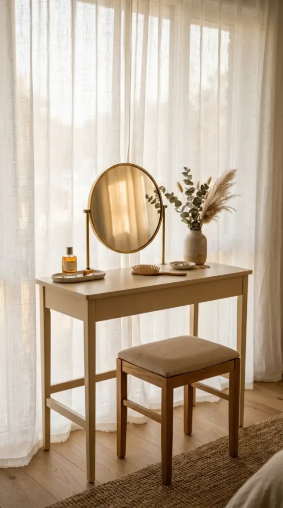 18 Romanticizing My Room Small Space Sheer Drapery Ideas 7 7. Small Vanity Silhouetted Against the Sheer Backdrop
