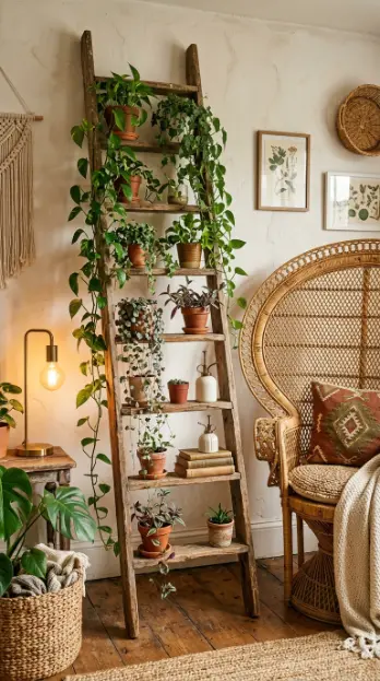 17 Small Reading Nook Cozy Corner Boho Woven Warmth 7 7. Small Wood Ladder Shelf with Trailing Plants