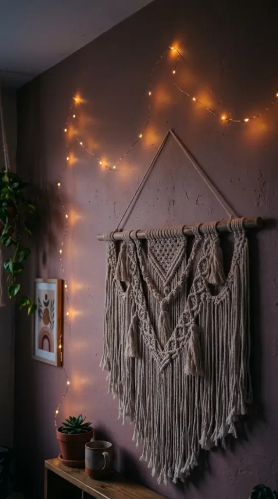 17 Golden Hour Bedroom Aesthetic Boho Floor Cushion Nook Ideas 7 7. String Lights Draped Along the Wall