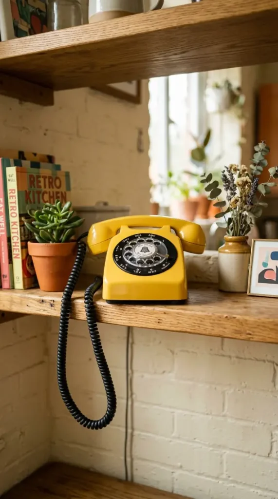 15 Nostalgic Open Shelf Dopamine Kitchen Display Ideas 7 7. Sunshine Yellow Rotary Phone as a Shelf Object