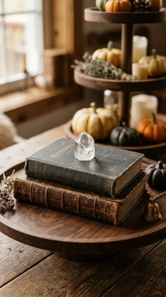 16 Halloween Tiered Tray Ideas Neutral Sophisticated Style 7 7. The Aged Parchment Book Stack