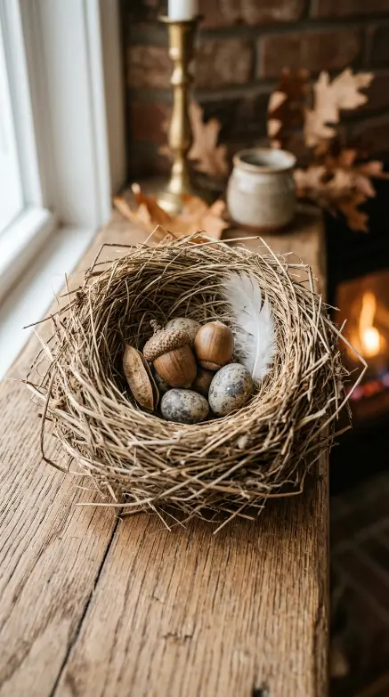 15 Fall Mantel Decor Ideas for a Botanical Nature Inspired Look 7 7. The Bird Nest with Foraged Finds