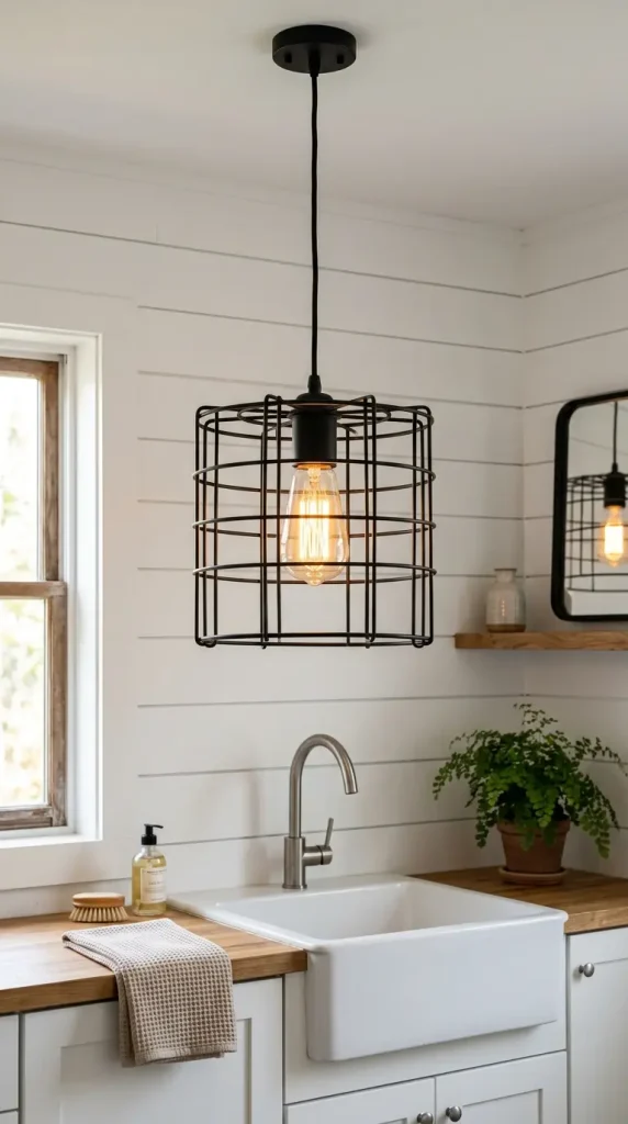 15 Laundry Room Designs Modern Farmhouse Shiplap and Warm Wood 7 7. The Black Iron Wire-Cage Pendant