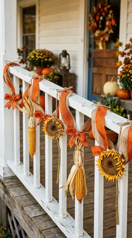13 Outdoor Halloween Display Farmhouse Harvest Porch Style 7 7. The Burlap and Orange Ribbon Garland Railing