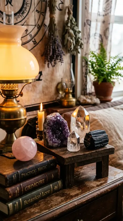 13 Cozy Halloween Decor Witchy Bedroom Corner Style 7 7. The Crystal Cluster Display