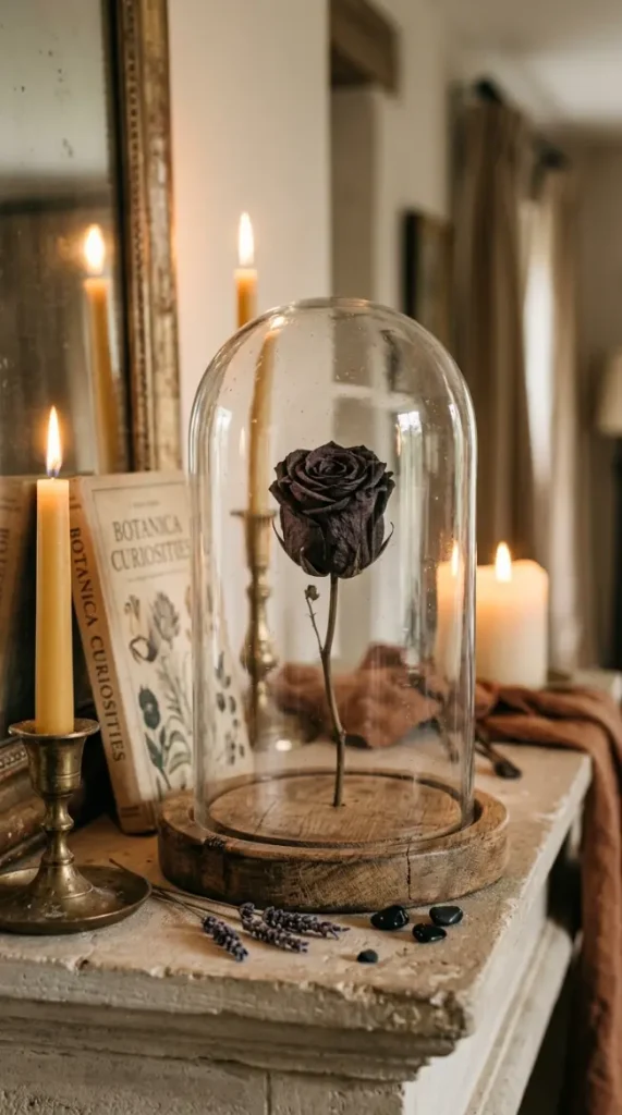 17 Elegant Halloween Mantel Decor French Country Style 7 7. The Dark Glass Cloche with Dried Rose