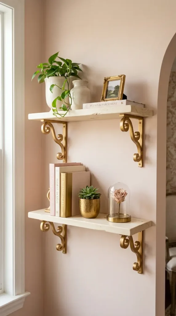 10 Home Office Ideas for Women Coquette Pink Arch Gold Style 7 7. The Gold Bracket Floating Shelves