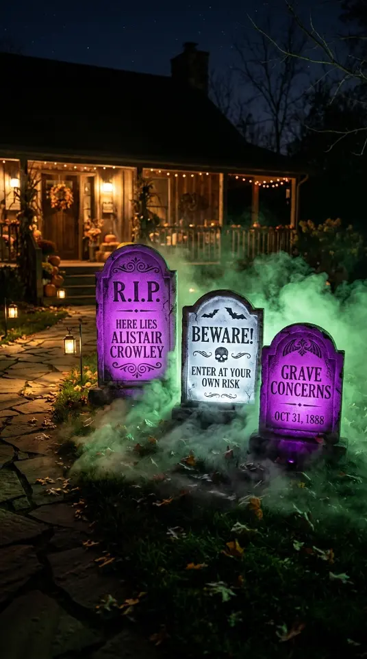 16 Outdoor Halloween Decorations Light-Up Pathway Night Style 7 7. The Illuminated Tombstone Row