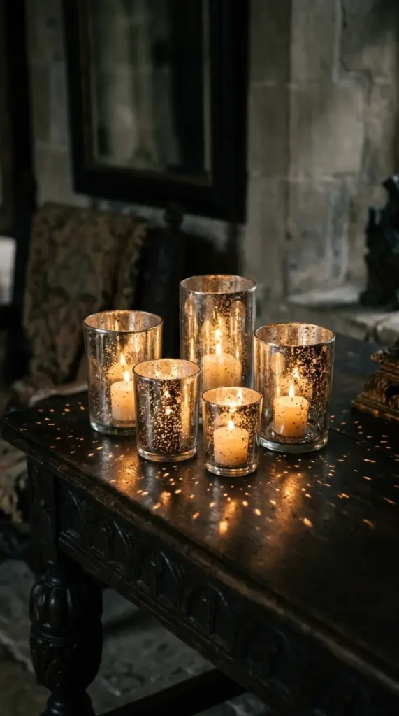 14 Neutral Halloween Decor Gothic Console Table Style 7 7. The Mercury Glass Votive Collection