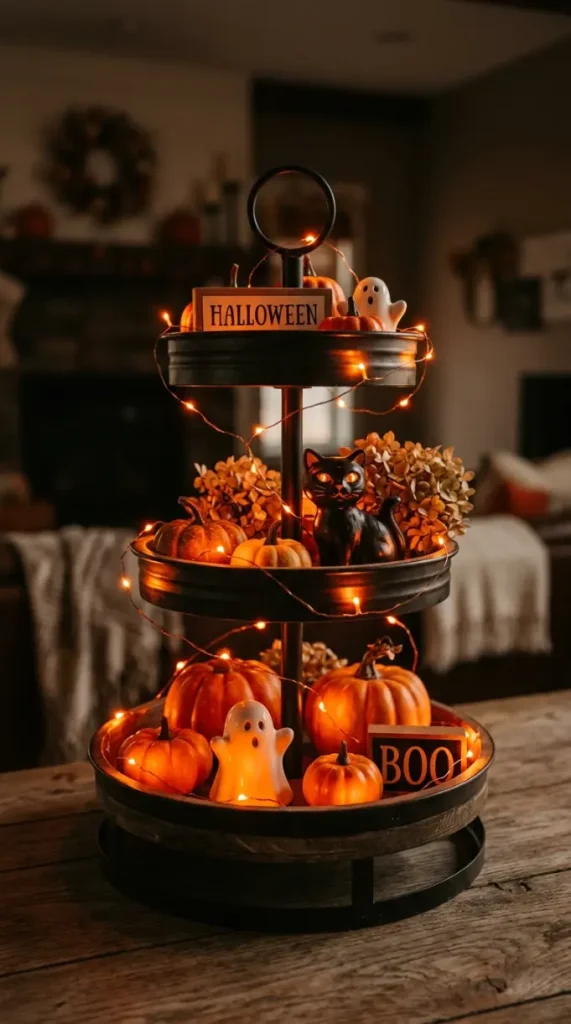 16 Cute Halloween Tiered Tray Black and Orange Classic Style 7 7. The Orange Fairy Lights Woven Through