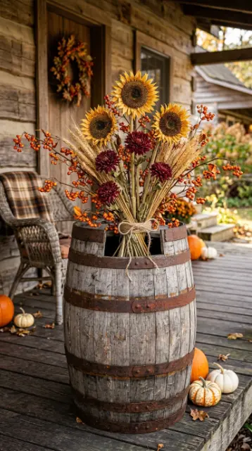13 Rustic Fall Decorating Front Porch and Entryway Style 7 7. The Rustic Wooden Barrel Botanical Display