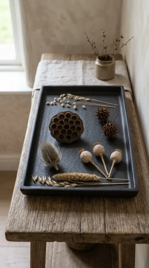 12 Neutral Fall Decor Ideas for an Entryway Console in Organic Style 7 7. The Seed Pod and Dried Grass Naturalist Tray