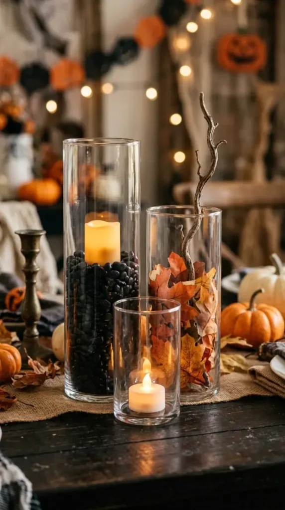 15 Dollar Tree Halloween Decor Window and Table Vignette Style 7 7. The Three-Vase Graduated Height Cluster