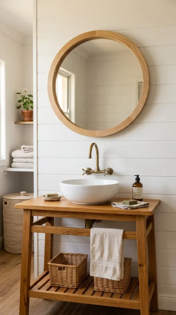 14 Laundry Room Bathroom Combo Warm Neutral Farmhouse Style 7 7. The Vintage Round Mirror and Vanity Zone