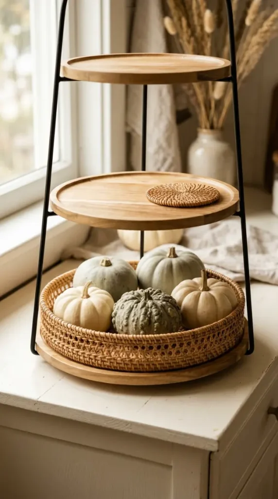 13 Neutral Fall Decor Ideas for Tiered Tray Vignette Style 7 7. The Woven Rattan Texture Tier