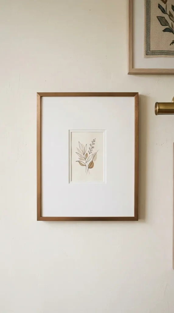 11 Thrifted Gallery Wall Ideas With Mismatched Frames 7 7. Thin Brushed Bronze Frame Layered Over a Wide White Mat