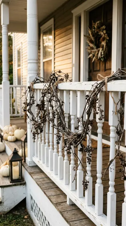 12 Neutral Halloween Decor Ideas for a Chic Front Porch 7 7. Trailing Dark Dried Vine Garland Along Porch Railing