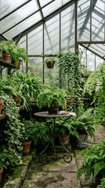 12 Romantic Thanksgiving Feast Styling Ideas to Save 7 7. Vintage Botanical Greenhouse Table Among Potted Ferns