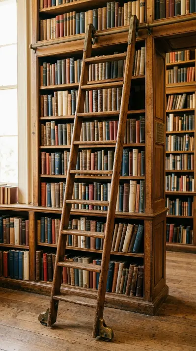 13 Light Linen Wingback Reading Chair Bookshelf Corner 7 7. Vintage Library Ladder Against the Shelves