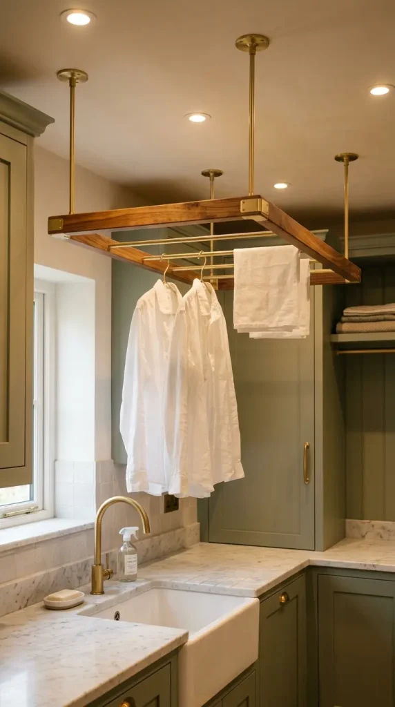 20 Luxury Laundry Room Ideas Sage Green Walnut Warm Style 7 7. Walnut Timber Drying Rod Frame Above Sink