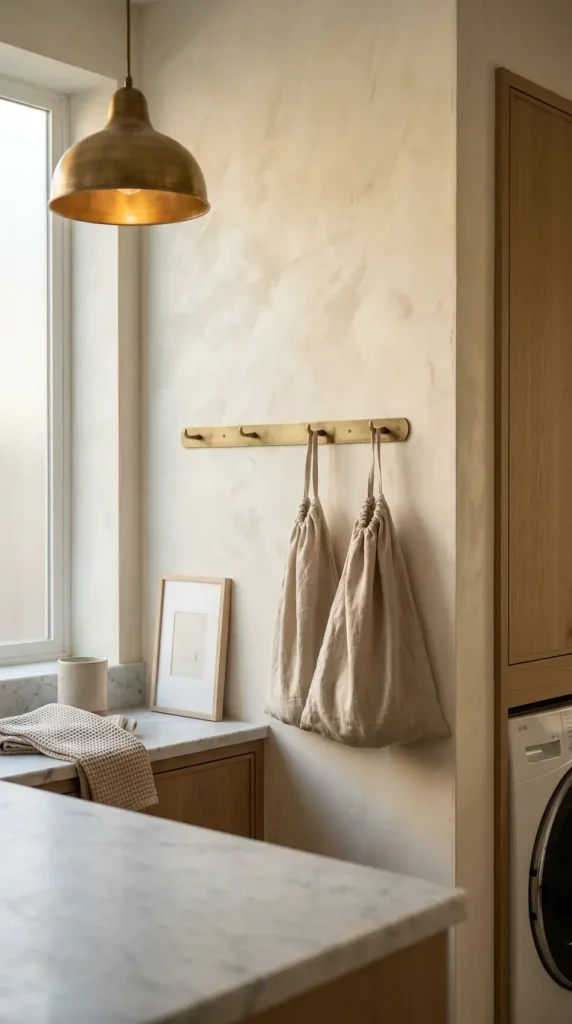 18 Laundry Room Designs Quiet Luxury Marble and Warm Wood Look 7 7. Warm White Limewash Walls as a Textured Backdrop
