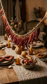 17 Boho Eclectic Centerpiece for Thanksgiving 8 8. A Cluster of Dried Chili Peppers Strung Above the Table's Center