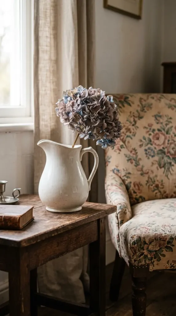 19 Reading Chair in Bedroom Vintage Floral Slipper Corner 8 8. A Dried Hydrangea in an Ironstone Pitcher