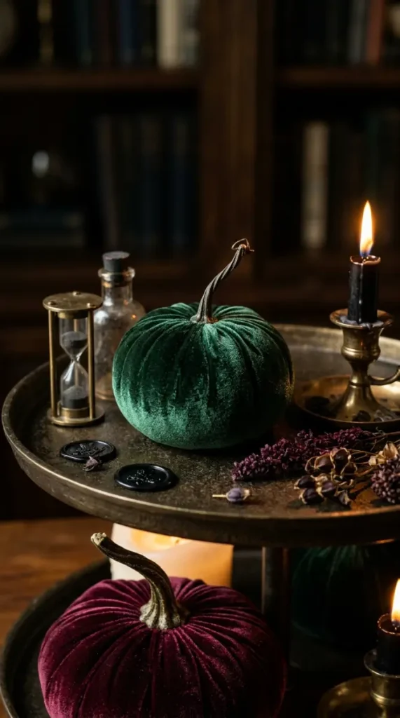 15 Halloween Tiered Tray Ideas Elegant Dark Moody Style 8 8. A Forest Green Velvet Pumpkin on the Upper Tier