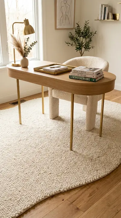 12 Home Office Ideas for Women Blush Gallery Wall Curved 8 8. A Large Ivory Boucle Rug Beneath the Desk