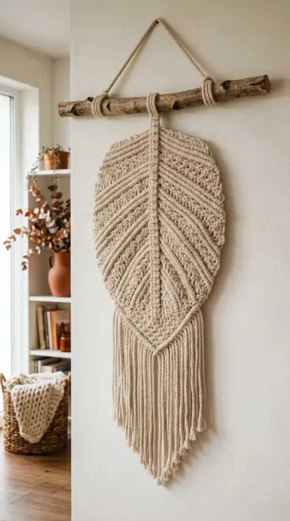 13 DIY Fall Home Decor Project Macramé Leaf Wall Hanging 8 8. A Large Scale Statement Leaf Hanging