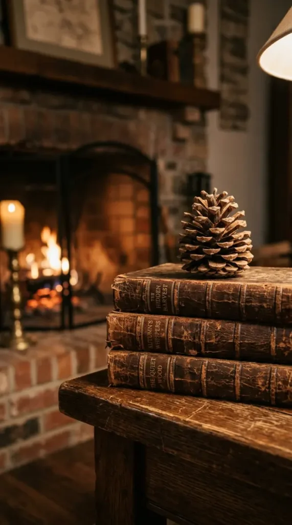 16 Moody Fall Fireplace Ideas for a Cozy Sanctuary 8 8. A Leather Bound Book Stack Topped With a Single Pinecone