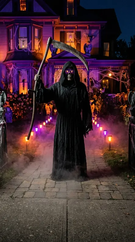 12 Outdoor Halloween Display Haunted House Front Yard 8 8. A Life-Size Grim Reaper Prop at the Property Entrance