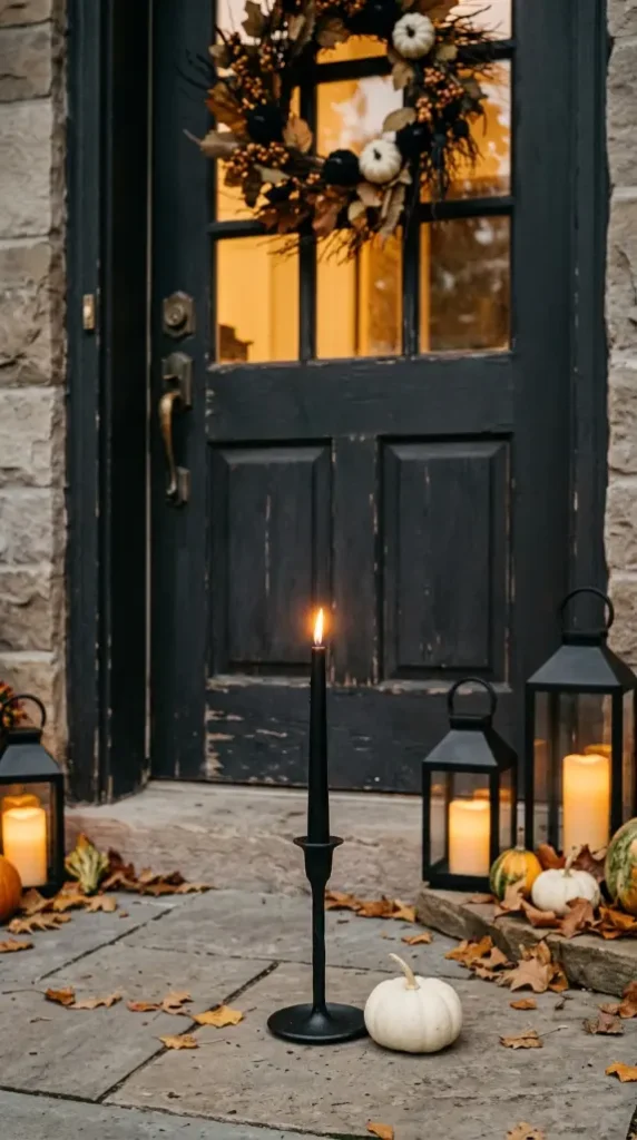 13 Easy Halloween Entryway Decor Black White Classic Style 8 8. A Matte Black Taper Candle on the Top Step