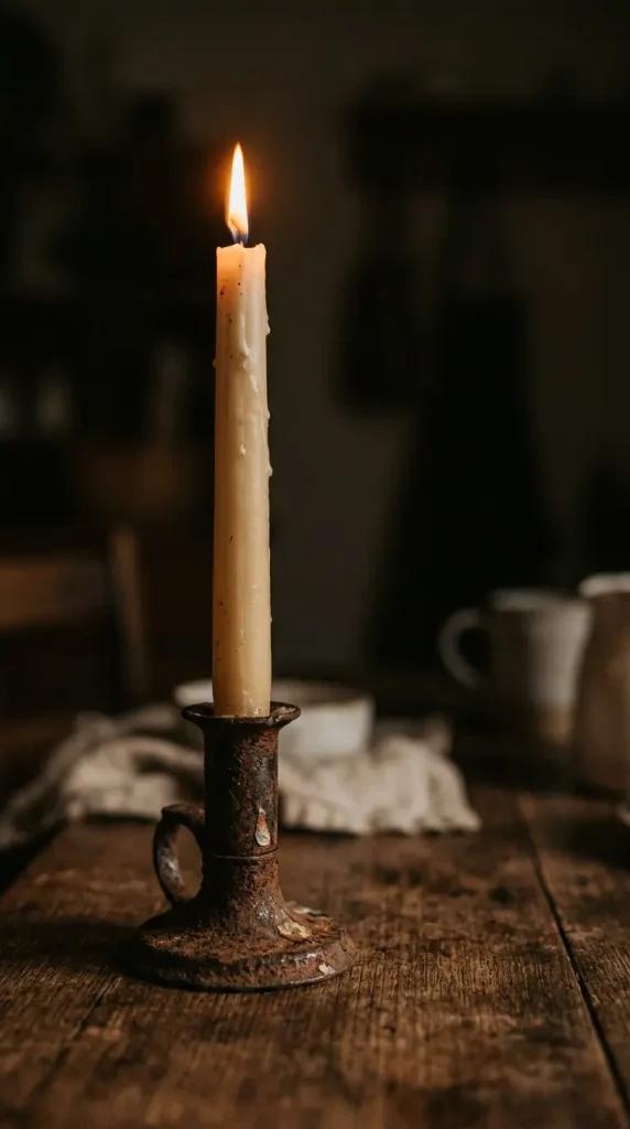 14 Moody Centerpiece Ideas for an Effortless Table 8 8. A Rusted Metal Candlestick Holding a Single Tall Taper