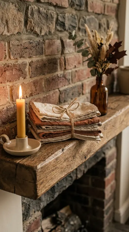 18 Collected Fall Mantel Styling Ideas That Feel Easy 8 8. A Small Stack of Folded Linen Napkins Tied With String