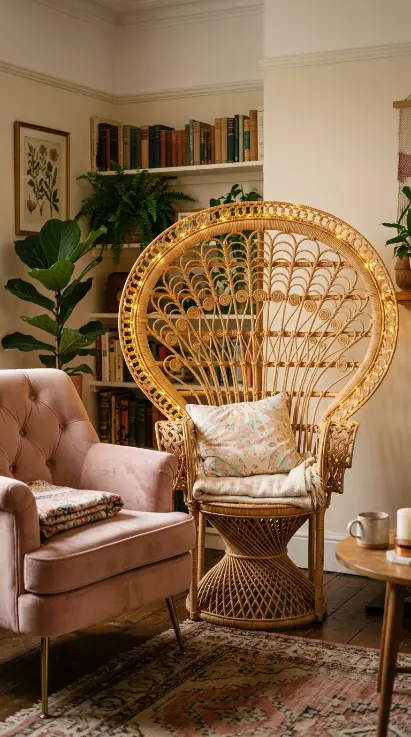 16 Cozy Reading Corners Whimsical Blush Fairy Lights 8 8. A Whimsical Rattan Peacock Chair 1
