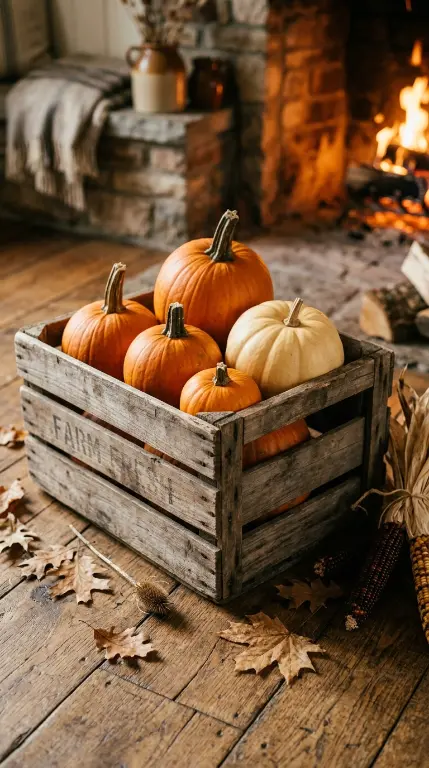 12 Rustic Fall Decorating Ideas Farmhouse Living Room 8 8. A Wooden Crate With Pumpkin Display