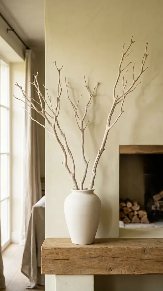 14 Fall Mantel Decor Ideas for a Quiet Luxury Neutral Look 8 8. Bleached Branches in a Minimalist Ceramic Urn