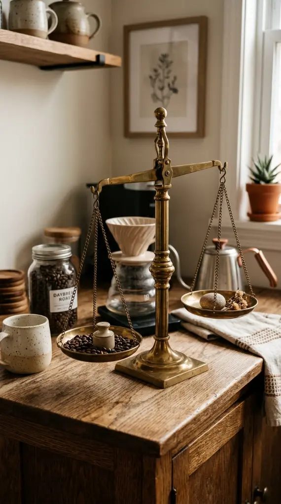 19 Eclectic Coffee Station Ideas With Vintage Charm 8 8. Brass Scale Used as Measuring Decor
