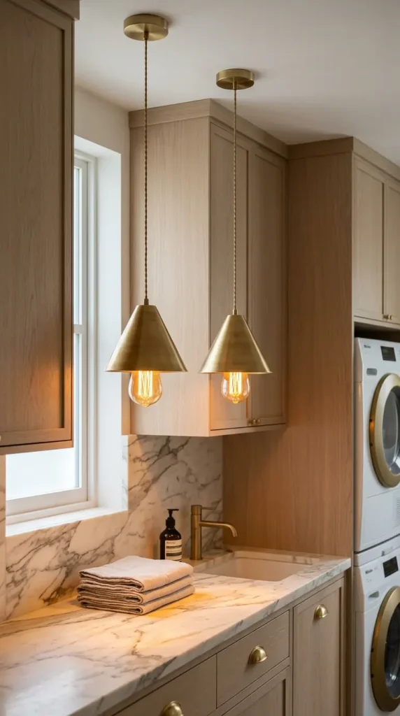 18 Laundry Room Designs Quiet Luxury Marble and Warm Wood Look 8 8. Brushed Brass Pendant Lights Above the Worktop