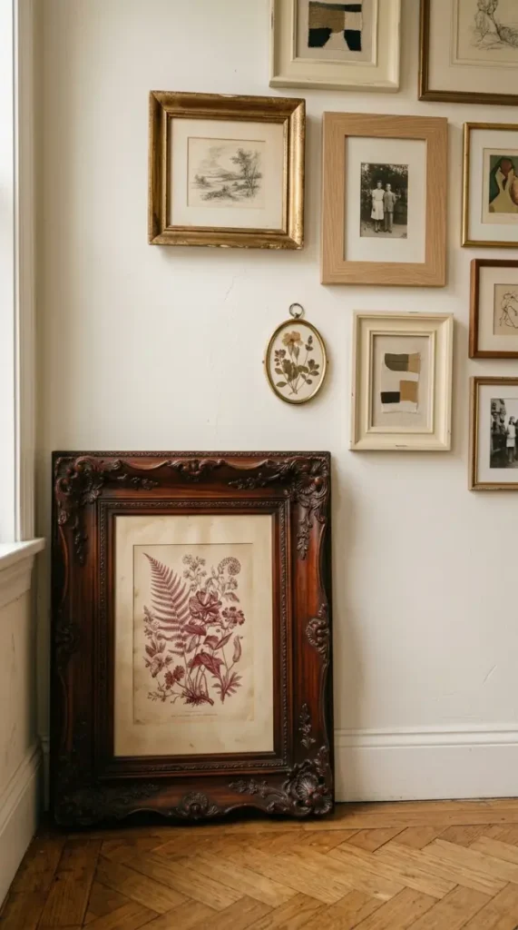 11 Thrifted Gallery Wall Ideas With Mismatched Frames 8 8. Carved Dark Mahogany Frame Grounding the Clusters Lower Corner