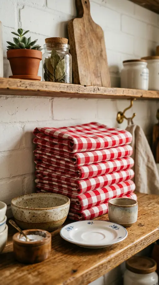 15 Nostalgic Open Shelf Dopamine Kitchen Display Ideas 8 8. Checkered Tea Towels Folded as a Shelf Backdrop