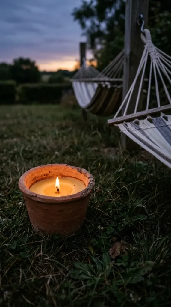 17 Summer Cottagecore Hammock Sitting Area Dusk Glow 8 8. Citronella Candle in a Terracotta Pot