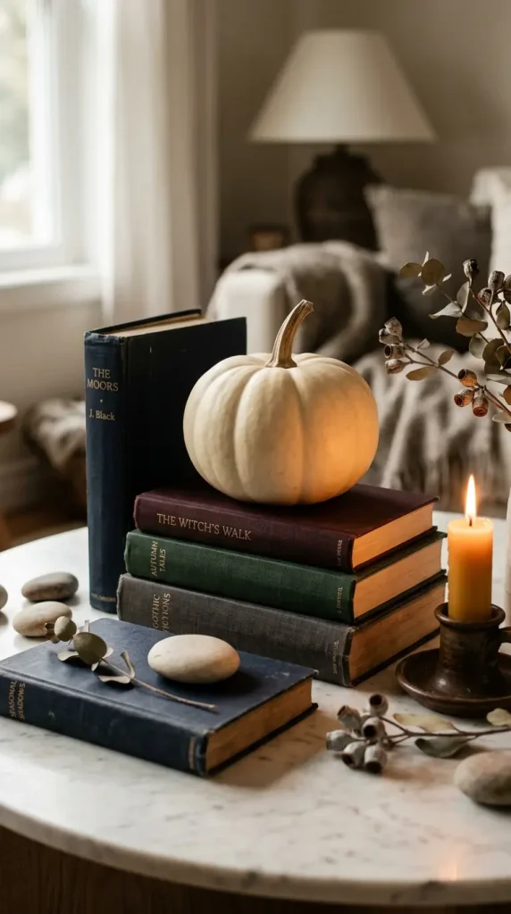 14 Chic Neutral Halloween Decor Ideas Living Room Style 8 8. Dark Cloth-Spine Books Styled Into the Composition
