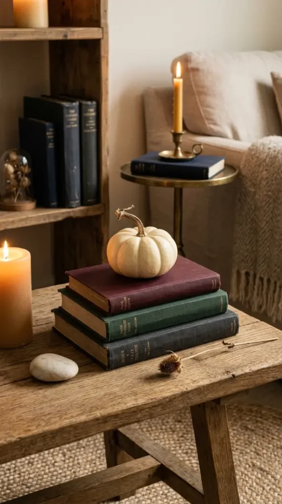 14 Fall Home Decor Ideas Warm Neutral Living Room Style 8 8. Dark Cloth-Spine Books as Fall Styling Elements