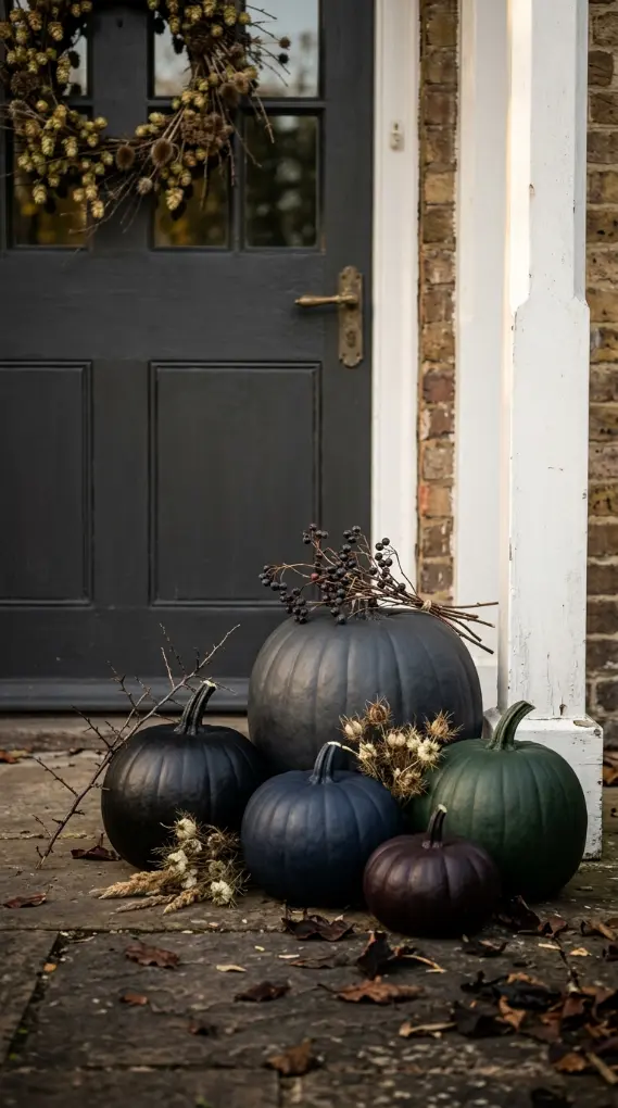 12 Neutral Halloween Decor Ideas for a Chic Front Porch 8 8. Dark Painted Pumpkins With Dried Botanical Stems