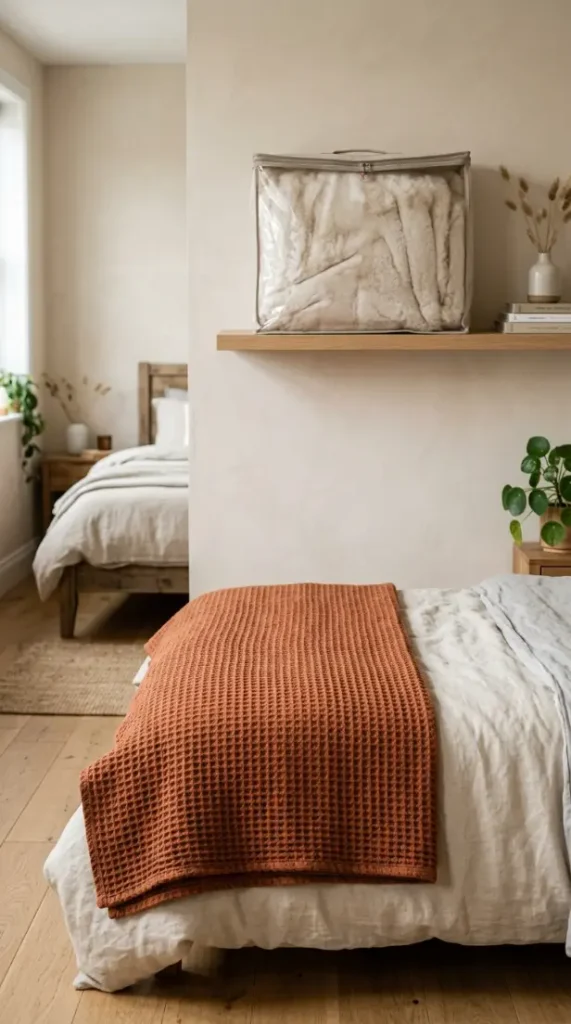13 Late Summer Bedroom Textile Swap Declutter Refresh 8 8. Faux Fur Throw Stored for a Waffle Weave Blanket