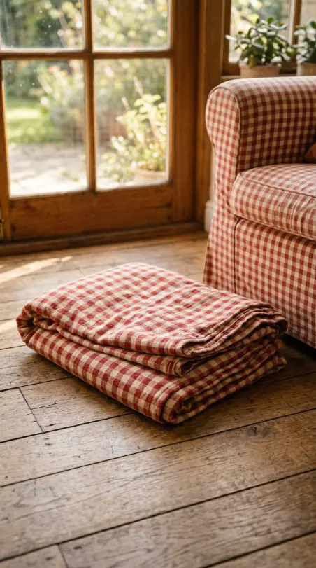 20 Summer Cottagecore Sunroom Gingham Sitting Corner 8 8. Gingham Picnic Blanket on the Floor