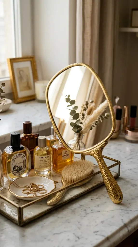 17 Jewel Tone Vanity Styling Ideas With Rich Color 9 8. Gold Brass Hand Mirror Resting Against the Tray